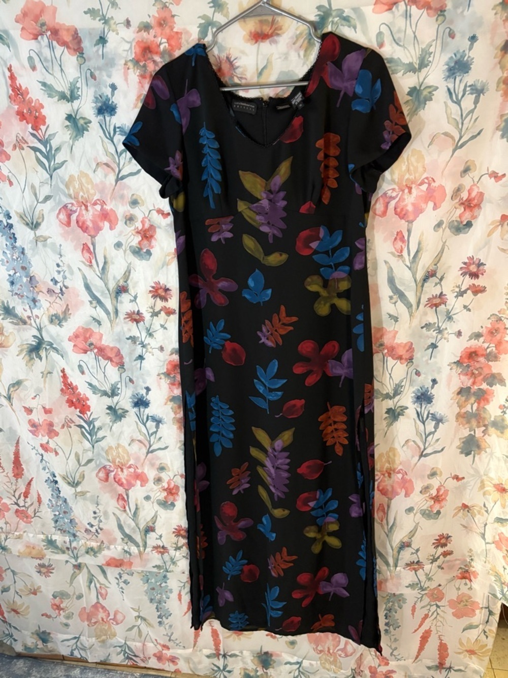 Vintage Women's Black Floral Midi Dress with Multicolor Leaf Print